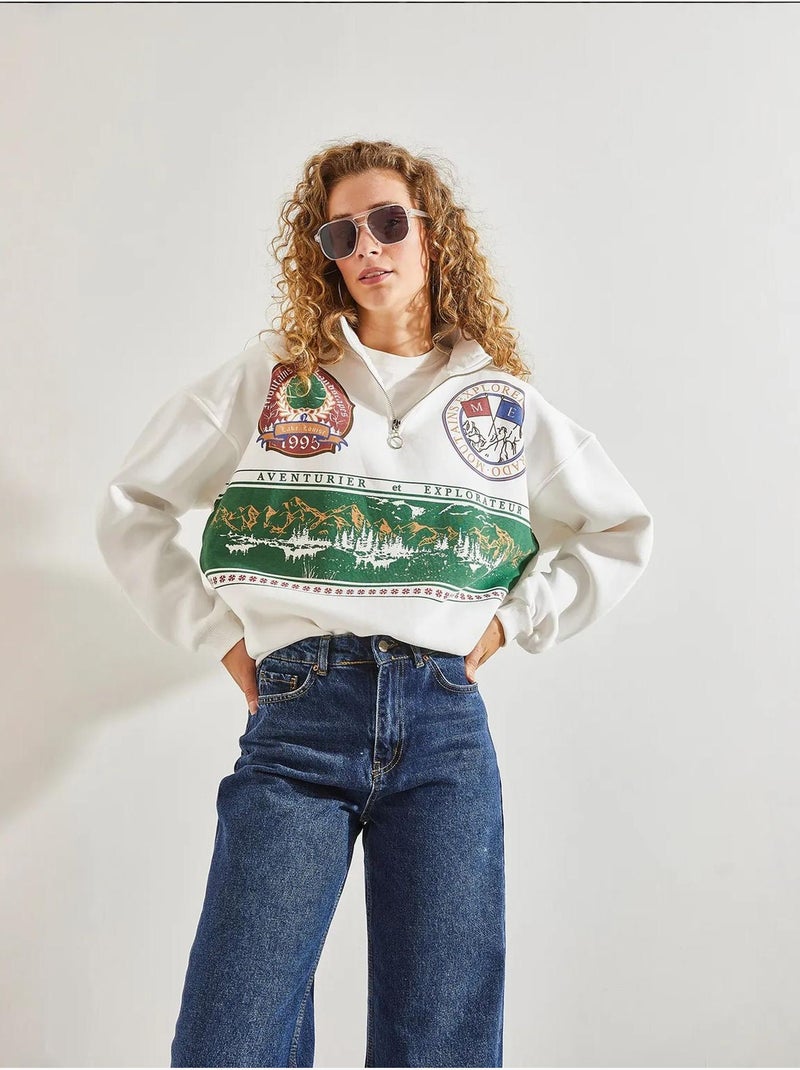 Sweat oversize imprimé à col zippé lucci Blanc - Kiabi