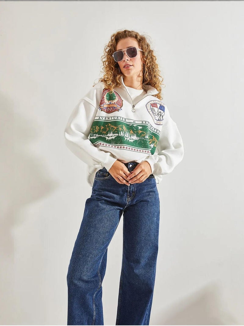 Sweat oversize imprimé à col zippé lucci Blanc - Kiabi