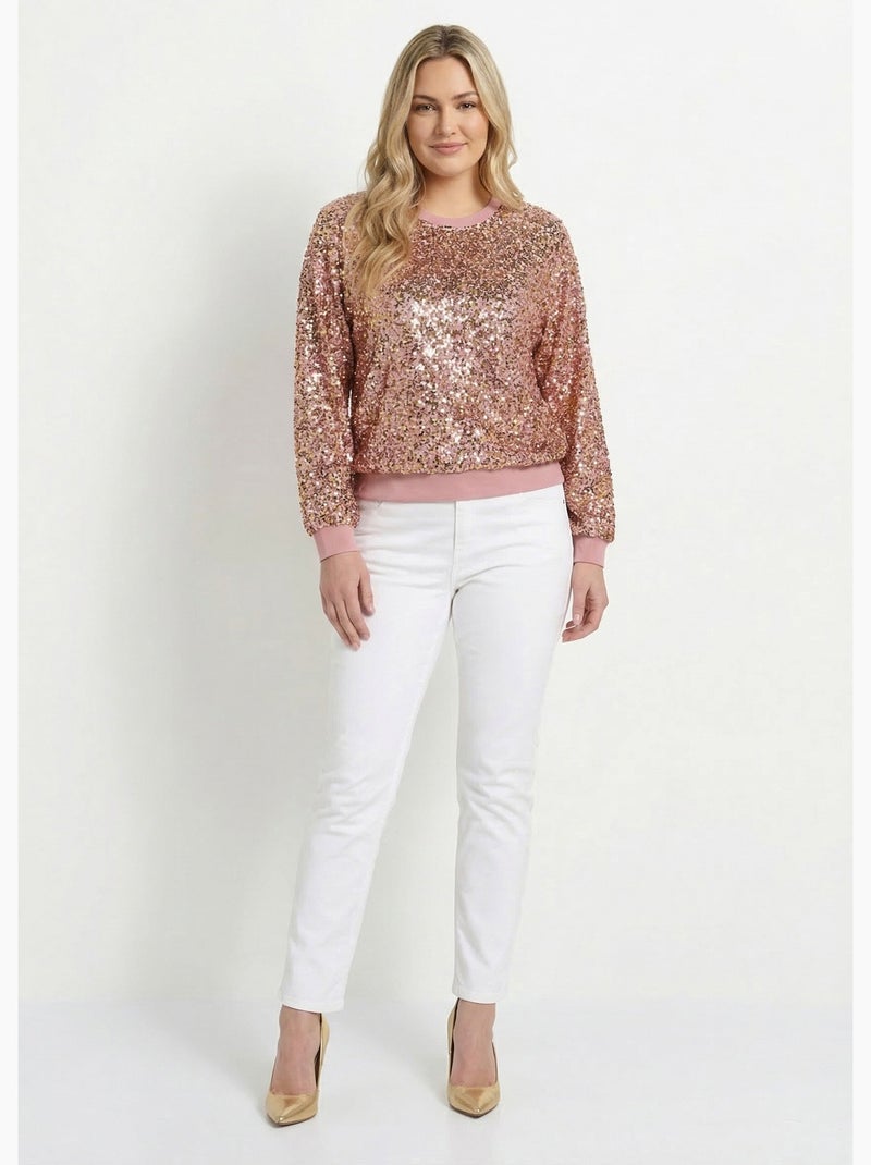 Sweat pailleté à sequins et col rond - Afibel Or rose - Kiabi
