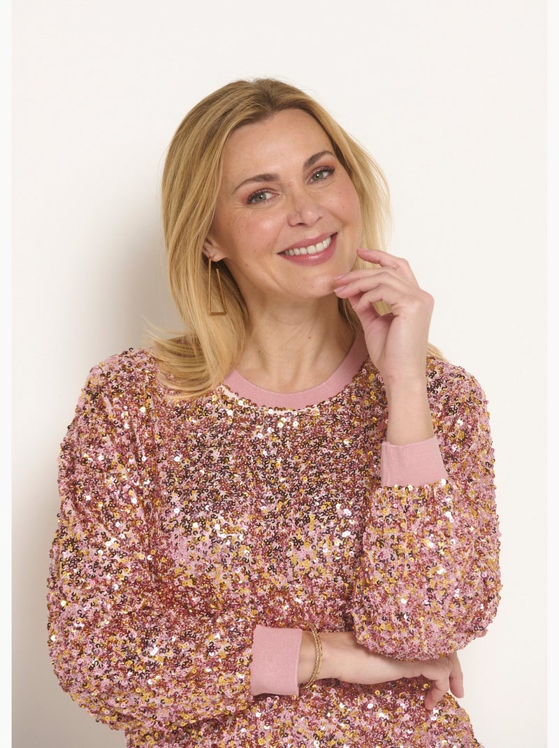Sweat pailleté à sequins et col rond - Afibel Or rose - Kiabi