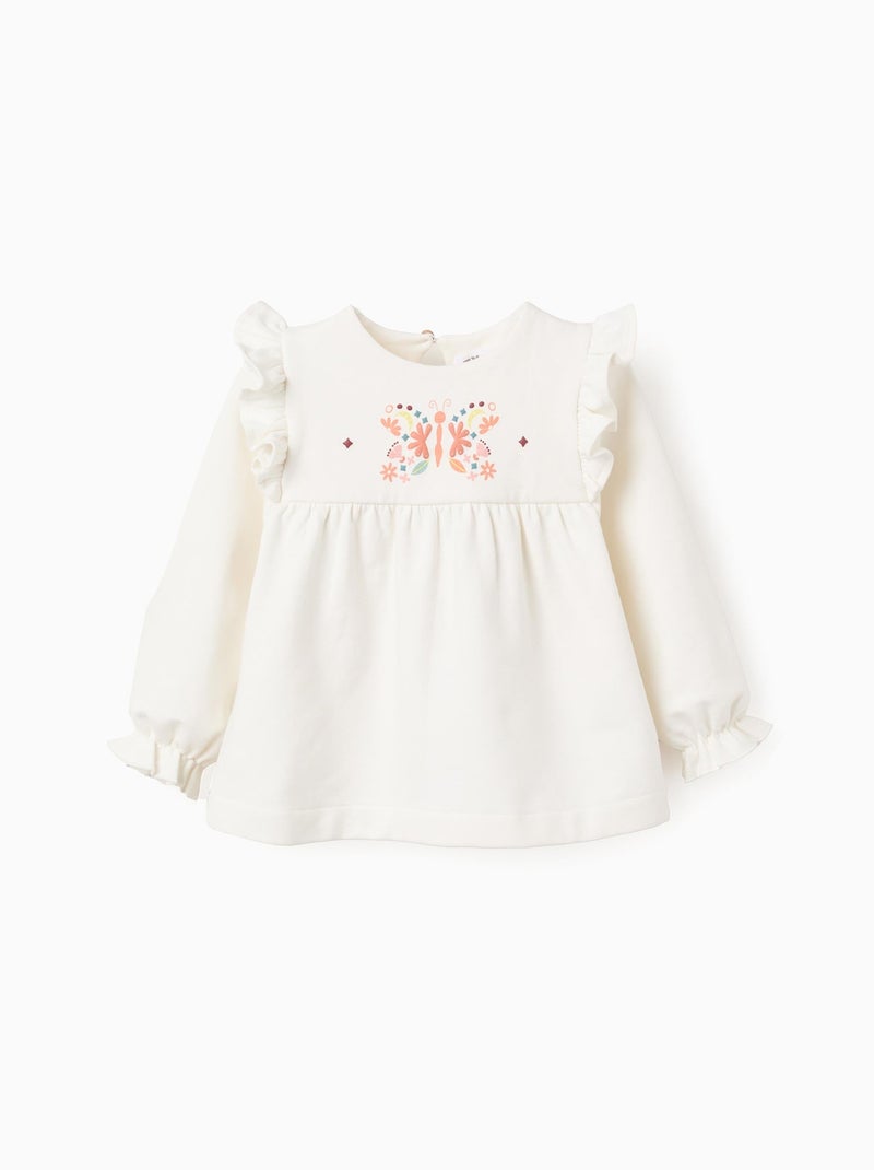 Sweat peigné avec des Fleurs et des Volants Blanc - Kiabi