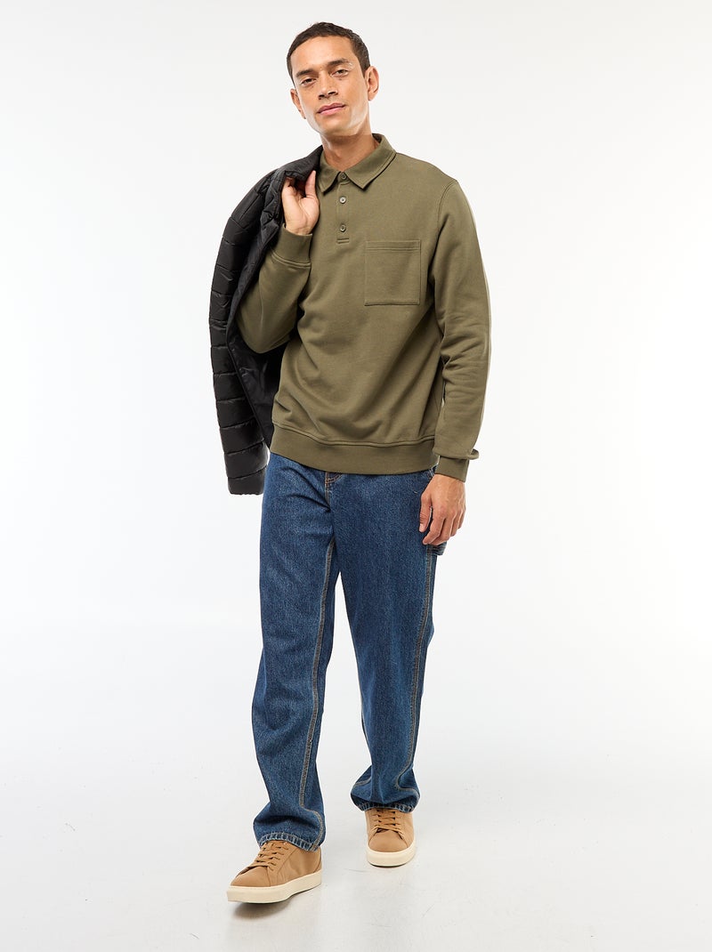 Sweat polo uni à manches longues Kaki - Kiabi