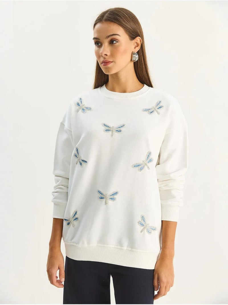 Sweat-shirt à col rond brodé de libellule Blanc - Kiabi