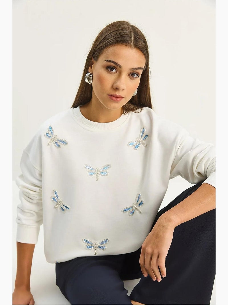 Sweat-shirt à col rond brodé de libellule lucci Blanc - Kiabi