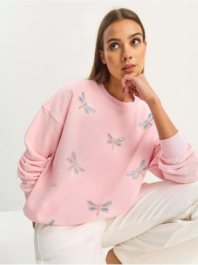 Sweat-shirt à col rond brodé de libellule Rose dragée - Kiabi