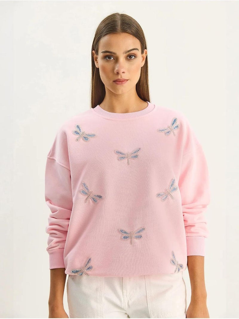 Sweat-shirt à col rond brodé de libellule Rose dragée - Kiabi