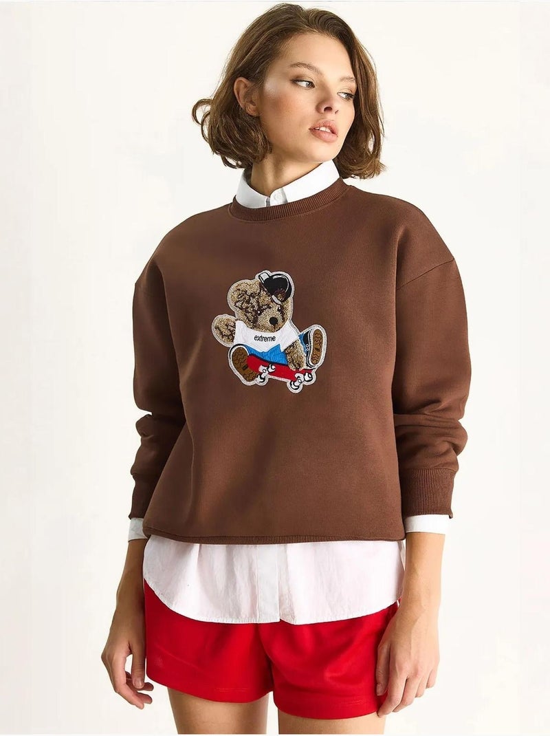 Sweat-shirt à manches longues et col ras du cou brodé lucci Marron chocolat - Kiabi