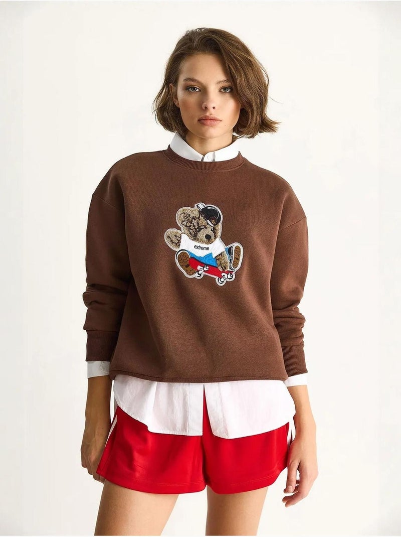 Sweat-shirt à manches longues et col ras du cou brodé lucci Marron chocolat - Kiabi