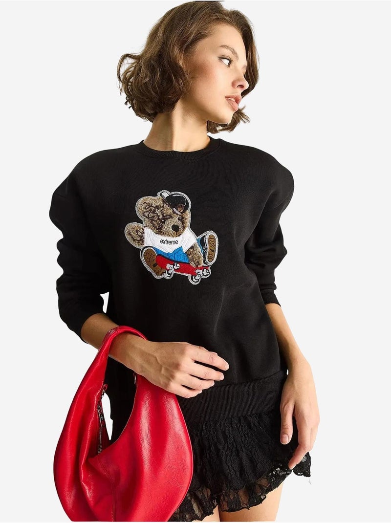 Sweat-shirt à manches longues et col ras du cou brodé lucci Noir - Kiabi