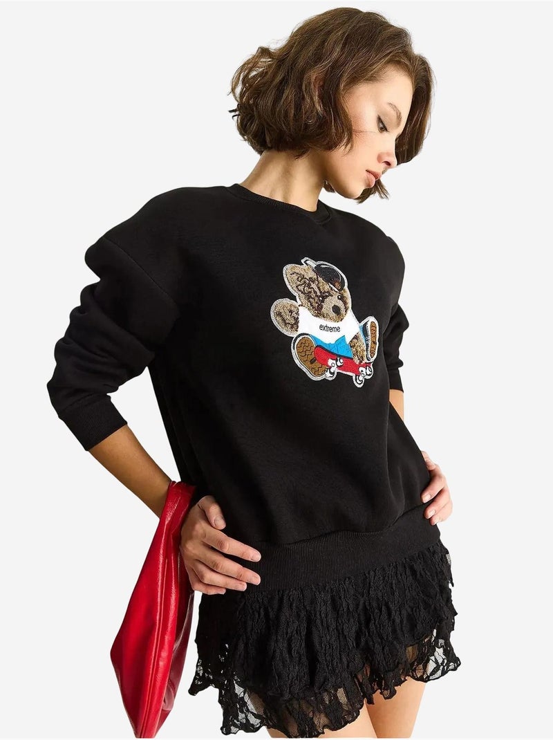 Sweat-shirt à manches longues et col ras du cou brodé lucci Noir - Kiabi