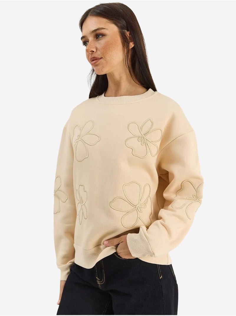 Sweat-shirt à manches longues et col rond brodé lucci Beige argile - Kiabi