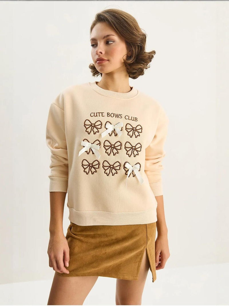 Sweat-shirt à manches longues et col rond imprimé côtelé lucci Beige argile - Kiabi