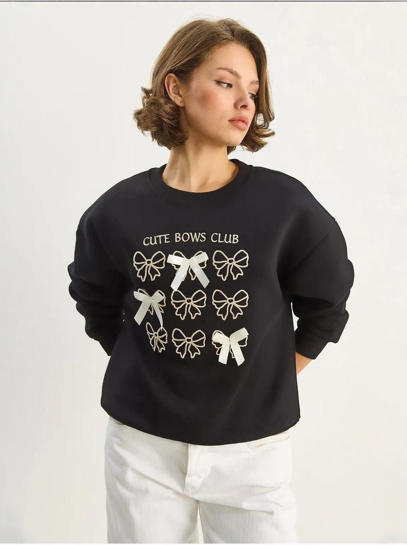 Sweat-shirt à manches longues et col rond imprimé côtelé lucci Noir - Kiabi