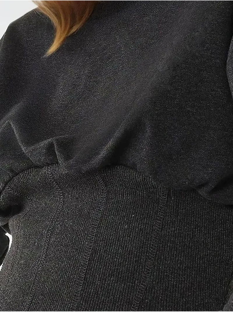 Sweat-shirt ajusté en tricot à col ras du cou et corset gris anthracite - Kiabi