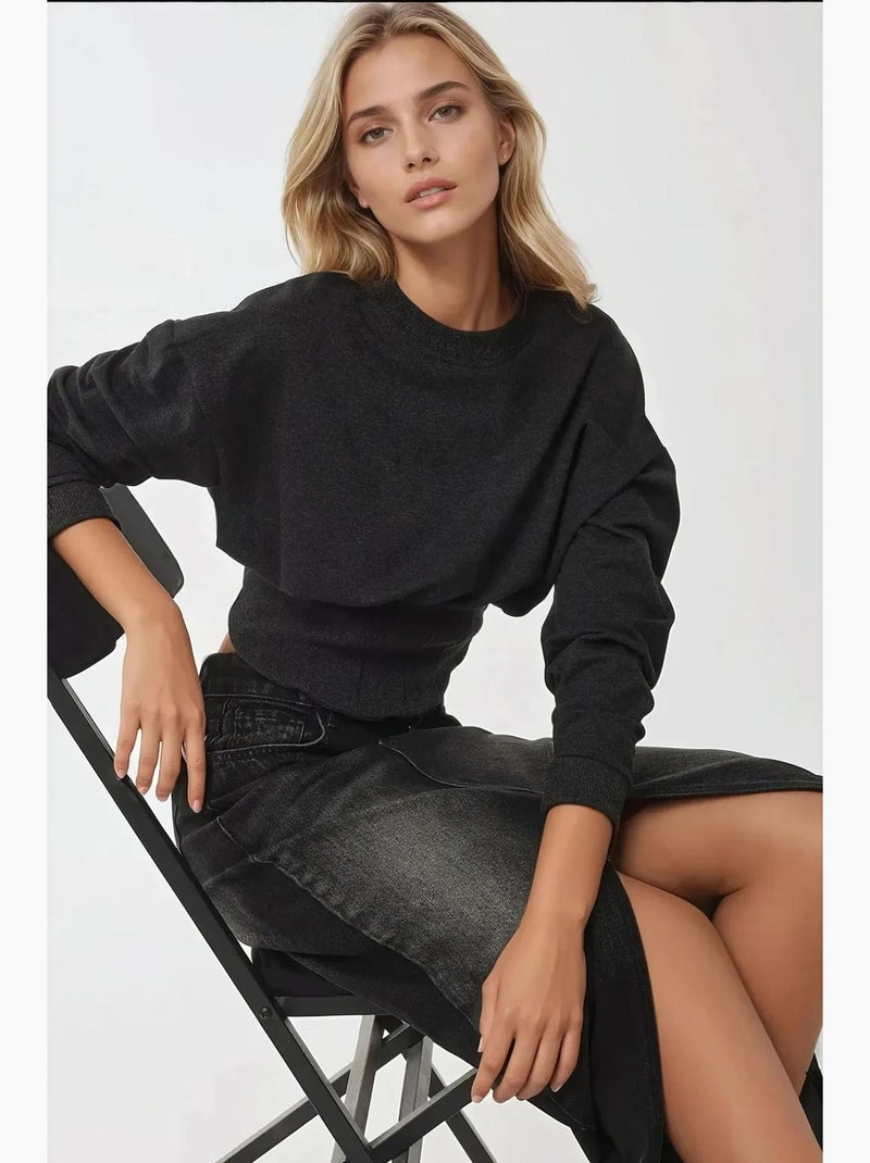 Sweat-shirt ajusté en tricot à col ras du cou et corset hiccup Gris Noir - Kiabi