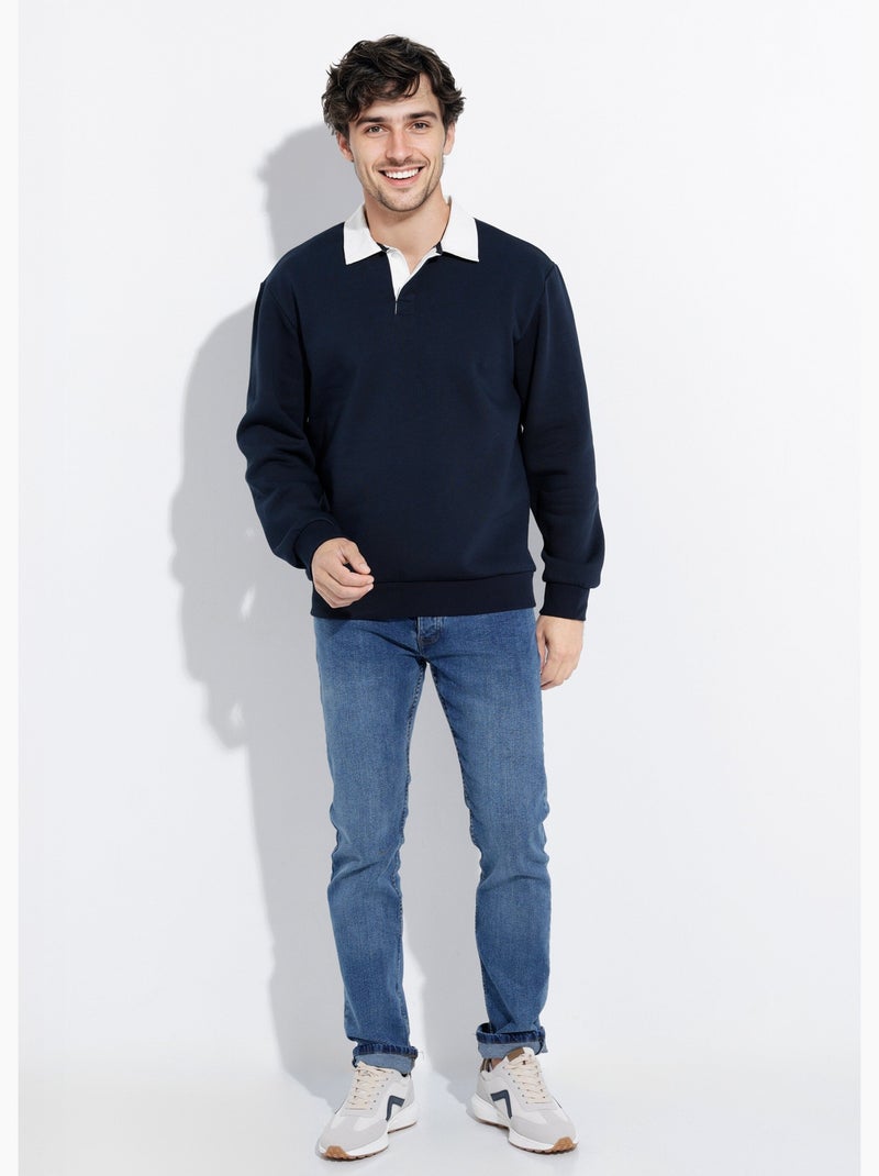 Sweat shirt avec col polo contrasté - AFIBEL Bleu marine - Kiabi