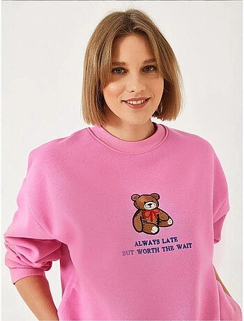 Sweat-shirt basique bianco avec imprimé ours et détails côtelés lucci