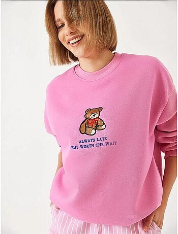 Sweat-shirt basique bianco avec imprimé ours et détails côtelés lucci