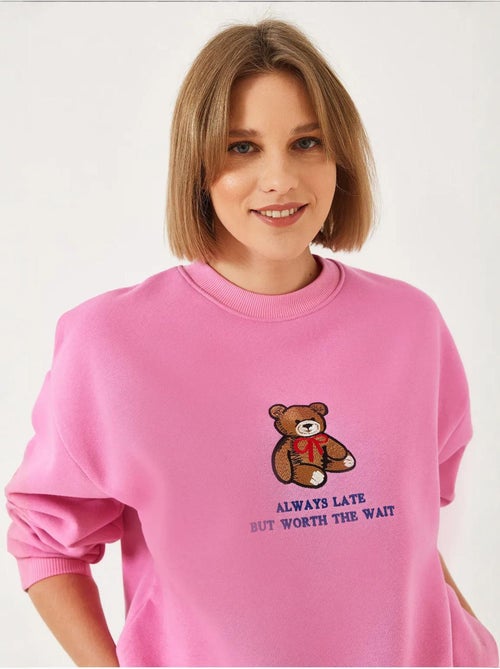 Sweat-shirt basique bianco avec imprimé ours et détails côtelés lucci - Kiabi Sweat-shirt basique bianco avec imprimé ours et détails côtelés lucci - Kiabi