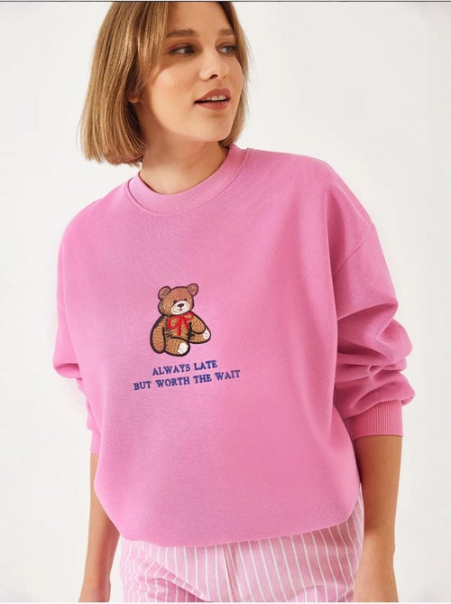 Sweat-shirt basique bianco avec imprimé ours et détails côtelés lucci - Kiabi Sweat-shirt basique bianco avec imprimé ours et détails côtelés lucci - Kiabi