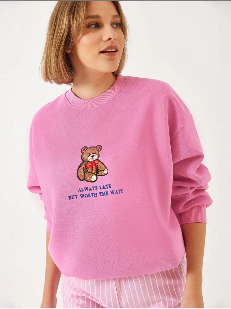 Sweat-shirt basique bianco avec imprimé ours et détails côtelés lucci Rose fluo/Solinotes - Kiabi
