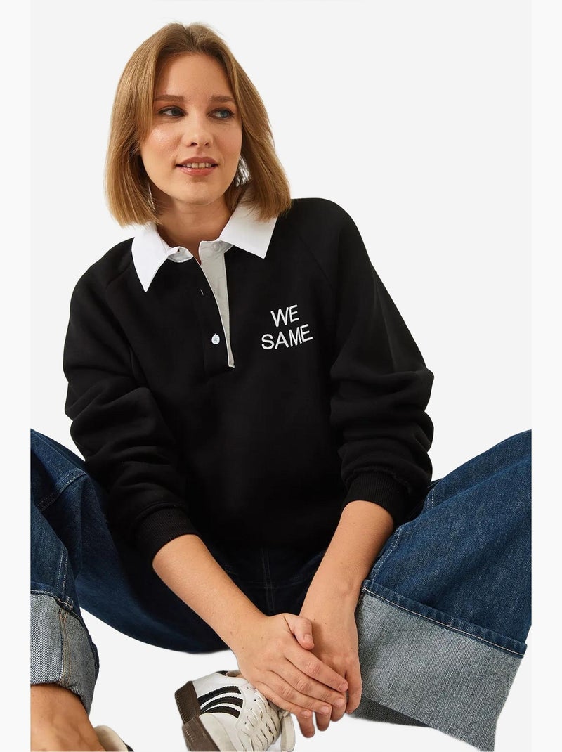 Sweat-shirt brossé à trois épaisseurs et col polo lucci Noir - Kiabi