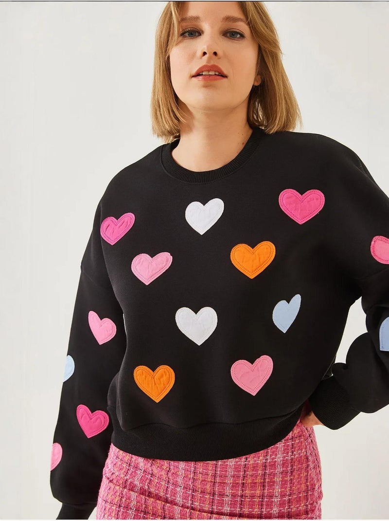 Sweat-shirt brossé triple fil brodé cœur bianco lucci Noir - Kiabi