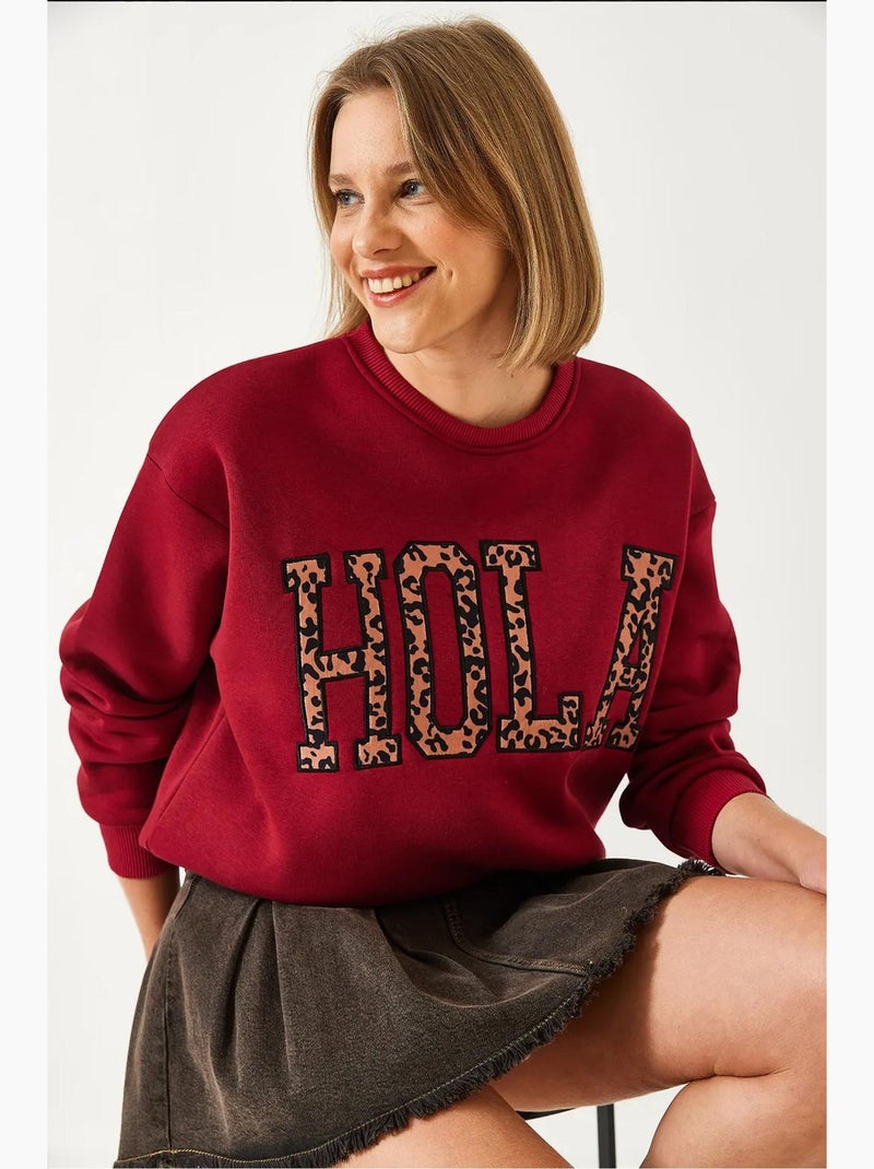 Sweat-shirt brossé trois plis brodé léopard lucci Rouge bordeaux - Kiabi