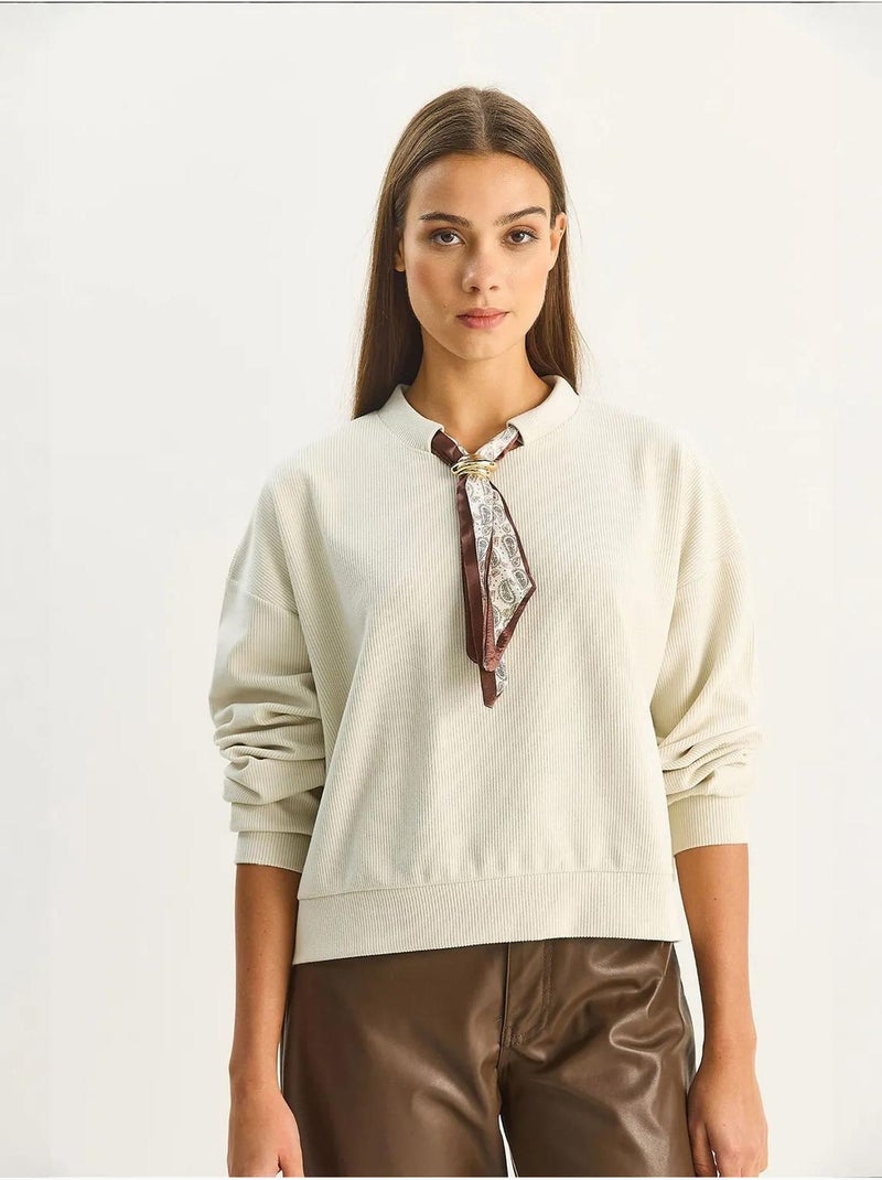 Sweat-shirt côtelé à col rond avec détail d'écharpe Beige argile - Kiabi