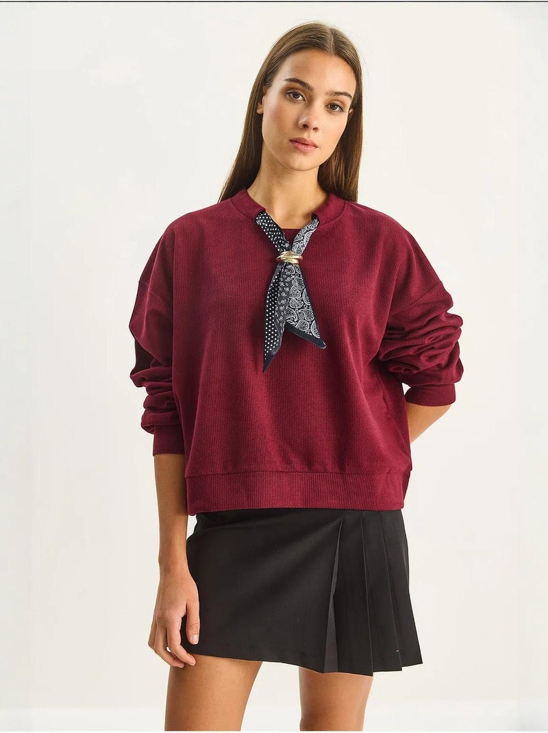 Sweat-shirt côtelé à col rond avec détail d'écharpe lucci Rouge bordeaux - Kiabi
