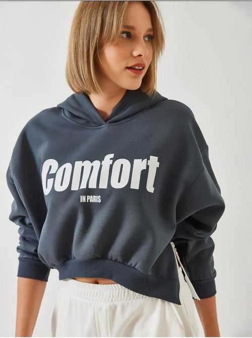 Sweat-shirt court à fermeture éclair latérale brossée à trois fils lucci - Kiabi