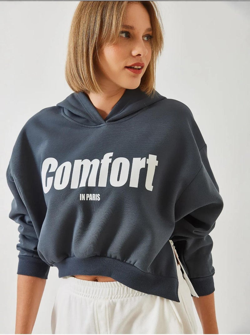 Sweat-shirt court à fermeture éclair latérale brossée à trois fils lucci Gris foncé - Kiabi