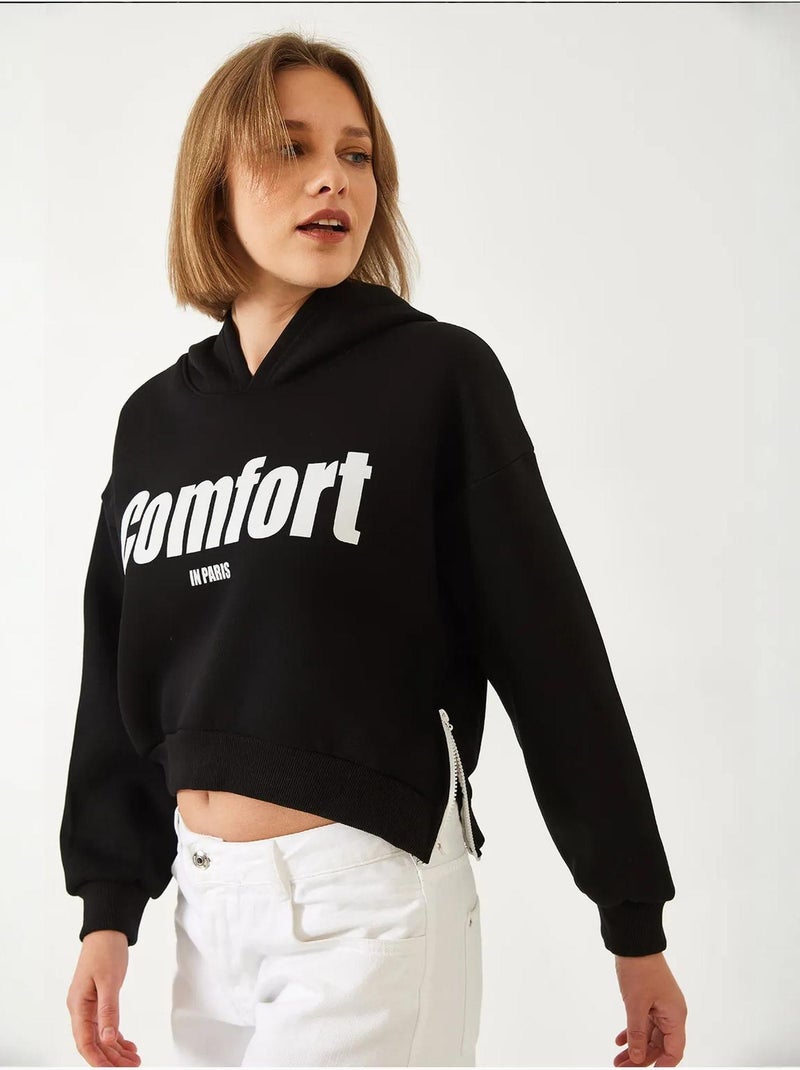 Sweat-shirt court à fermeture éclair latérale brossée à trois fils lucci Noir - Kiabi