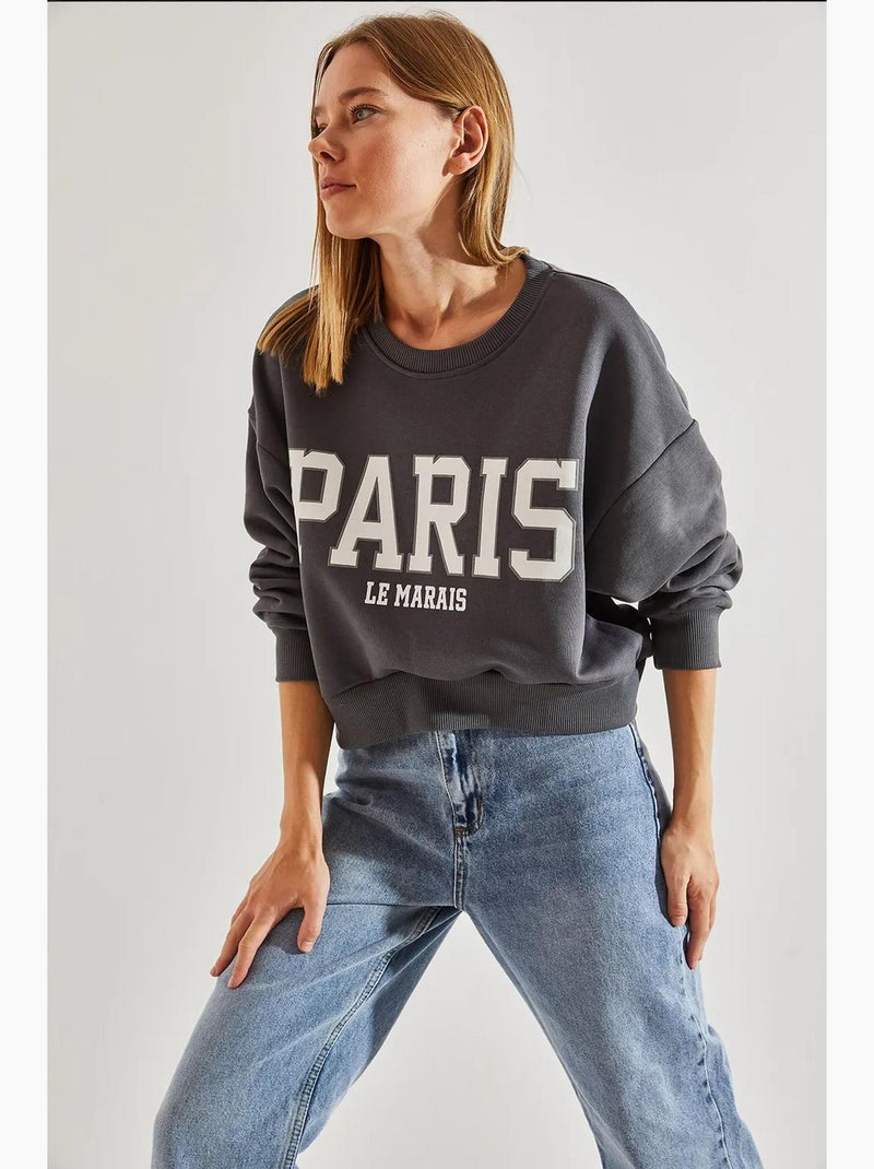 Sweat-shirt court en coton à col rond et imprimé texte sur le devant lucci Gris - Kiabi