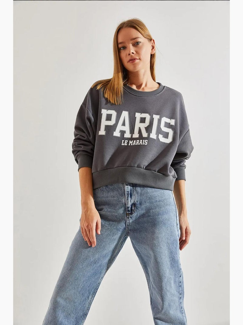 Sweat-shirt court en coton à col rond et imprimé texte sur le devant lucci Gris - Kiabi