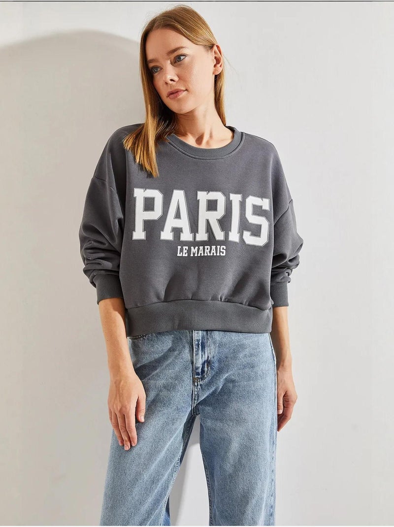 Sweat-shirt court en coton à col rond et imprimé texte sur le devant lucci Gris - Kiabi