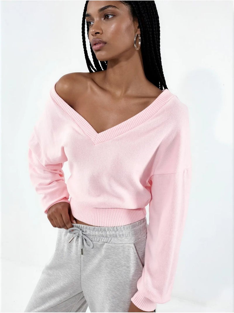 Sweat-shirt court femme col v busem Rose dragée - Kiabi
