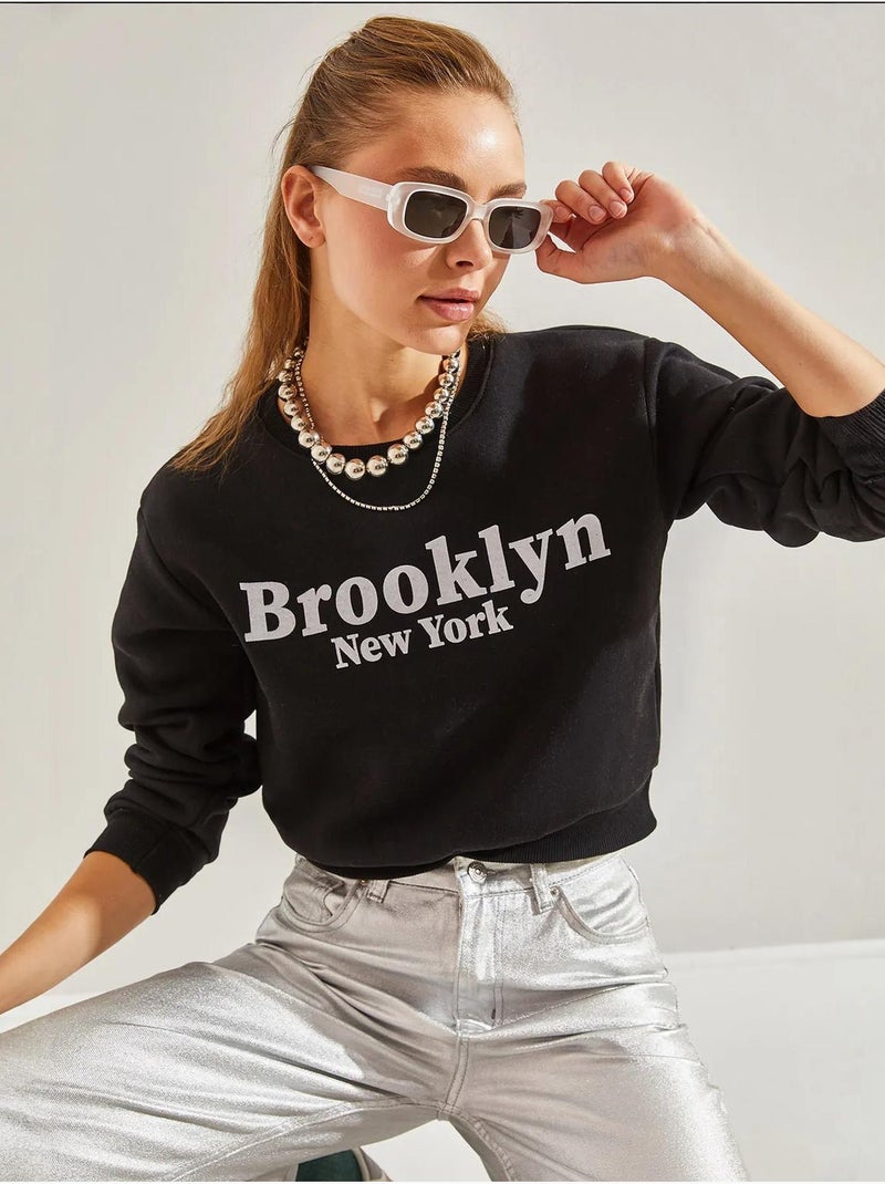 Sweat-shirt court imprimé à trois fils bianco lucci Noir - Kiabi
