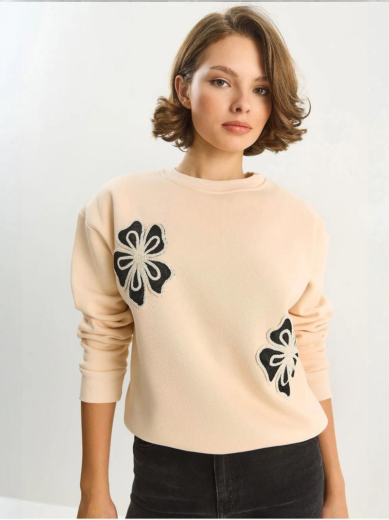 Sweat-shirt en coton à col rond brodé lucci Beige argile - Kiabi