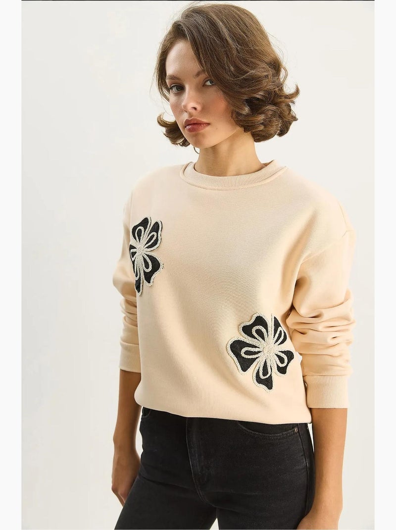 Sweat-shirt en coton à col rond brodé lucci Beige argile - Kiabi
