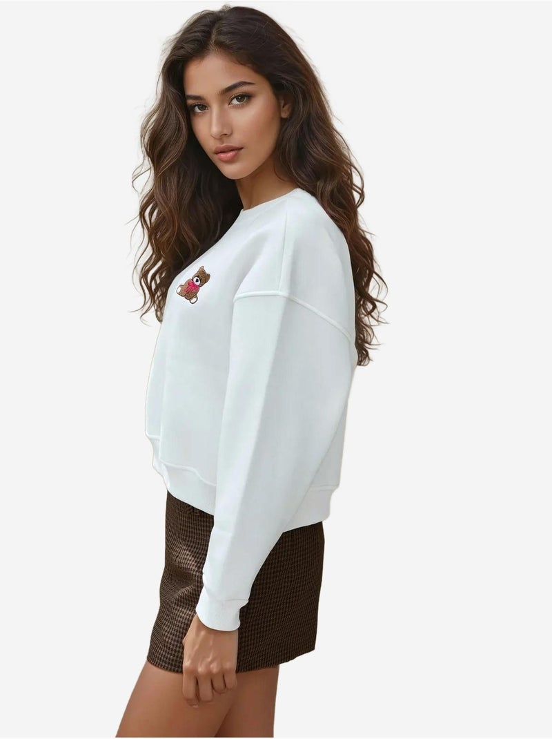 Sweat-shirt en coton brodé coupe décontractée Blanc cassé - Kiabi