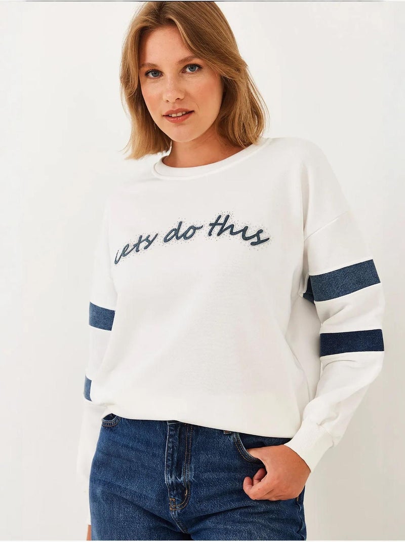 Sweat-shirt en denim rayé bianco orné de pierres lucci Blanc - Kiabi