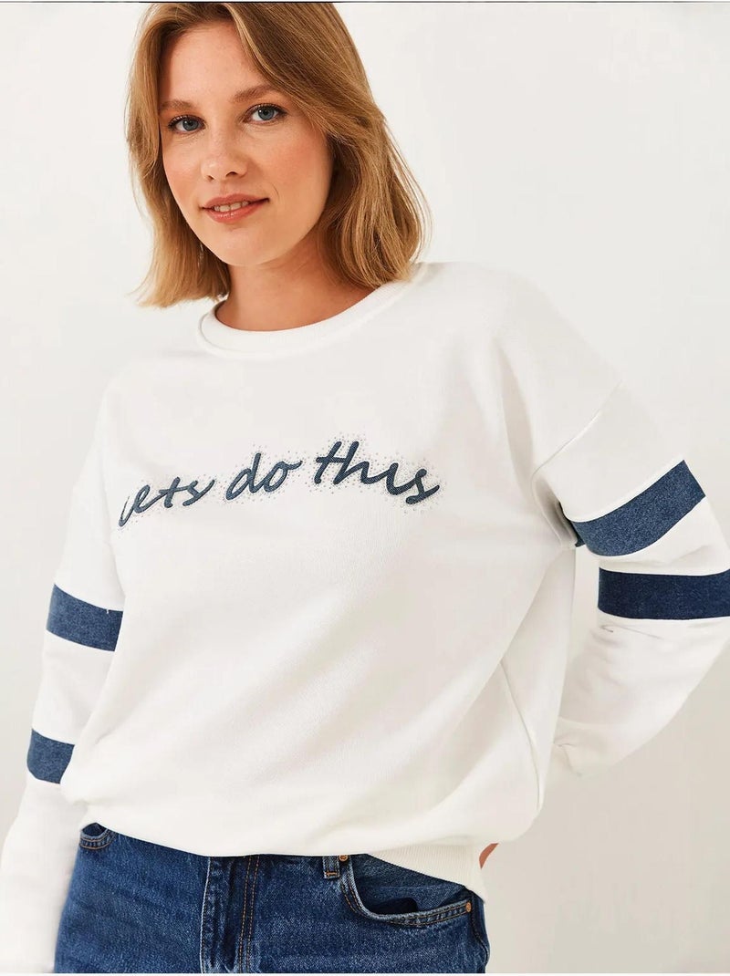 Sweat-shirt en denim rayé bianco orné de pierres lucci Blanc - Kiabi
