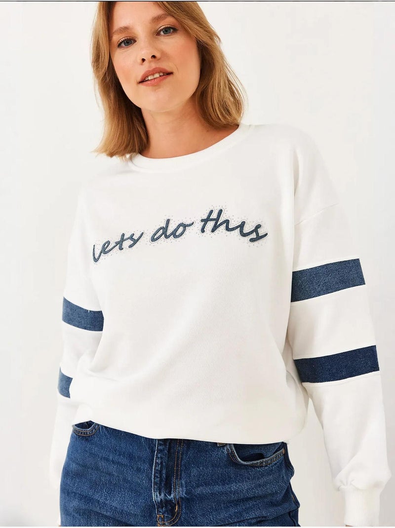 Sweat-shirt en denim rayé bianco orné de pierres lucci Blanc - Kiabi