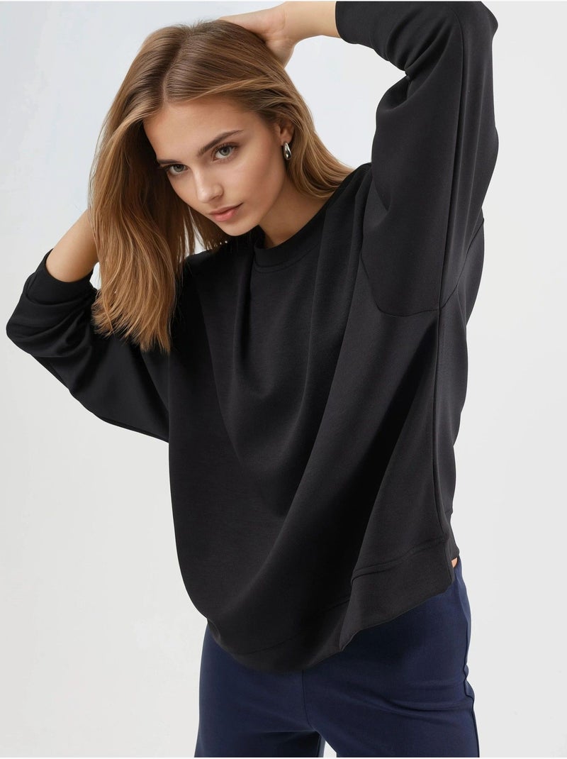 Sweat-shirt en maille à col rond coupe décontractée busem Noir - Kiabi