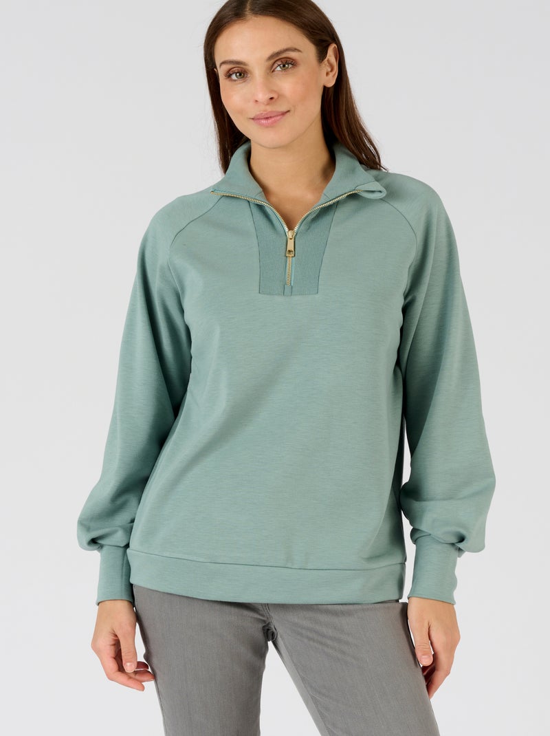 Sweat-shirt en molleton col camionneur zippé - Happy D. by Damart Vert jade - Kiabi