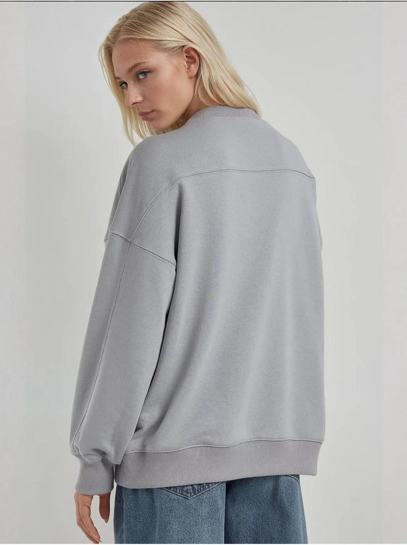 Sweat-shirt en tricot à col rond et coupe décontractée Gris - Kiabi