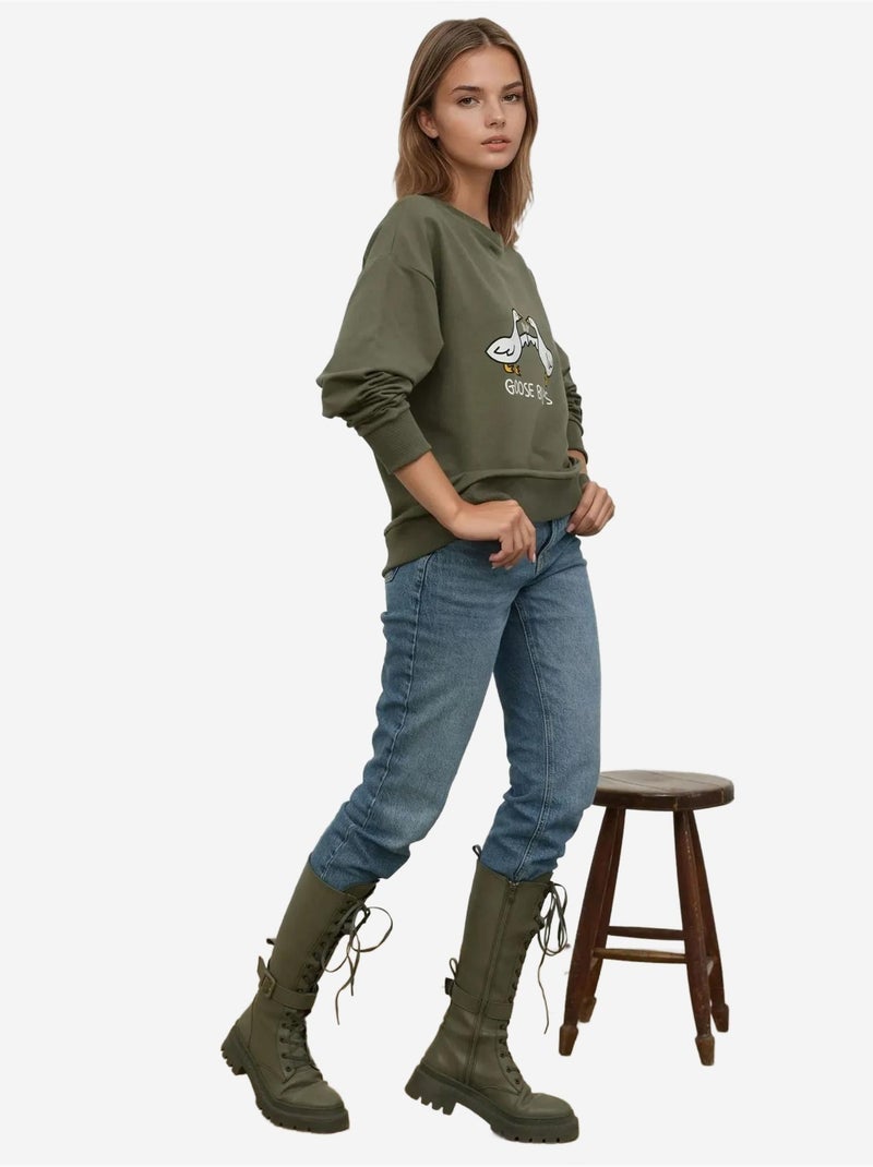 Sweat-shirt imprimé à col ras du cou et coupe décontractée Kaki - Kiabi