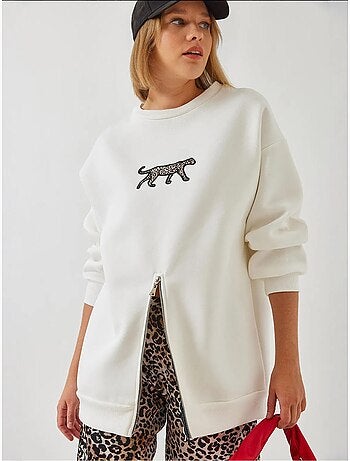 Sweat-shirt imprimé léopard à triple fil brossé et fermeture éclair sur le devant de bianco lucci