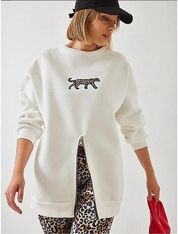 Sweat-shirt imprimé léopard à triple fil brossé et fermeture éclair sur le devant de bianco lucci
